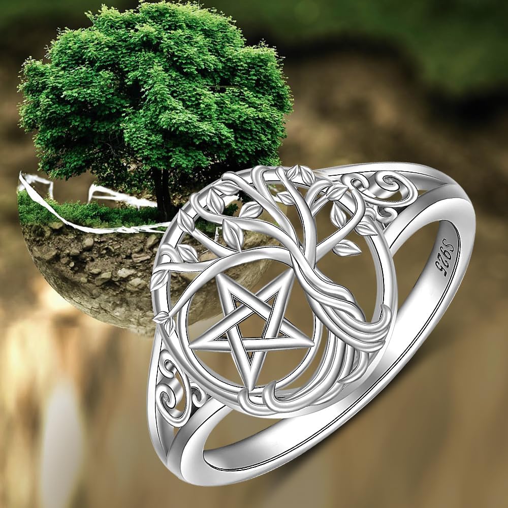 Pentagram Ring for Women Pentacle Tree of Life Ring 925 Sterling Silver Family Tree Wiccan Star Witch Jewelry Birthday Gifts