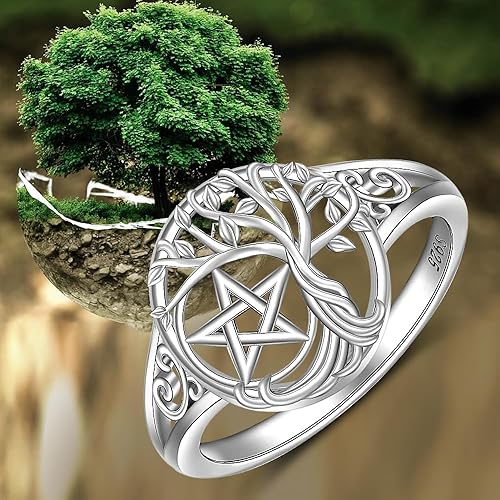 Miniatura 5 de Anillo de pentagrama para mujer, anillo de árbol de la vida de plata de ley 925, árbol genealógico Wiccan Star Witch Jewelry Regalos de cumpleaños