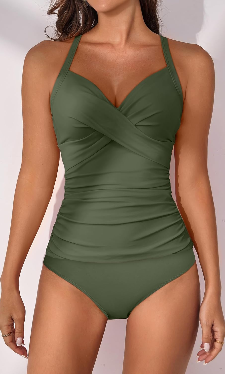 B2prity Women's Ruched Tankini Swimsuits V Neck Wrap Tie Back Two Pieces Bathing Suit Tummy Control Swimwear - Image 4