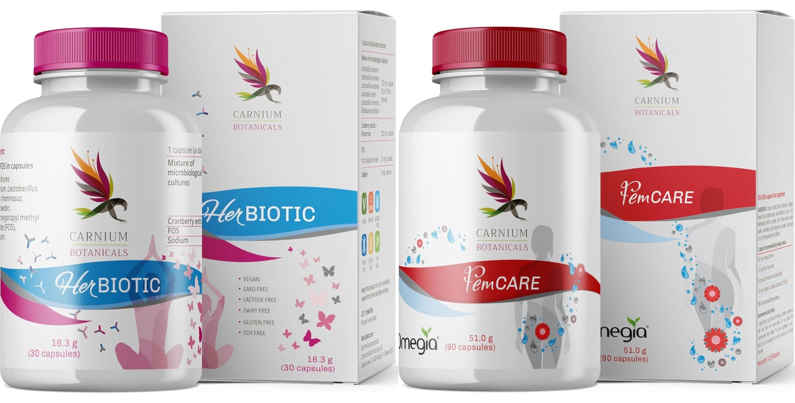 Carnium Botanicals Her Biotic & FemCARE Set – Complesso di Fermenti Lattici, Estratto di Mirtillo e D-Mannosio & Formula Vegetale con Olivello Spinoso, Noni e Calcio