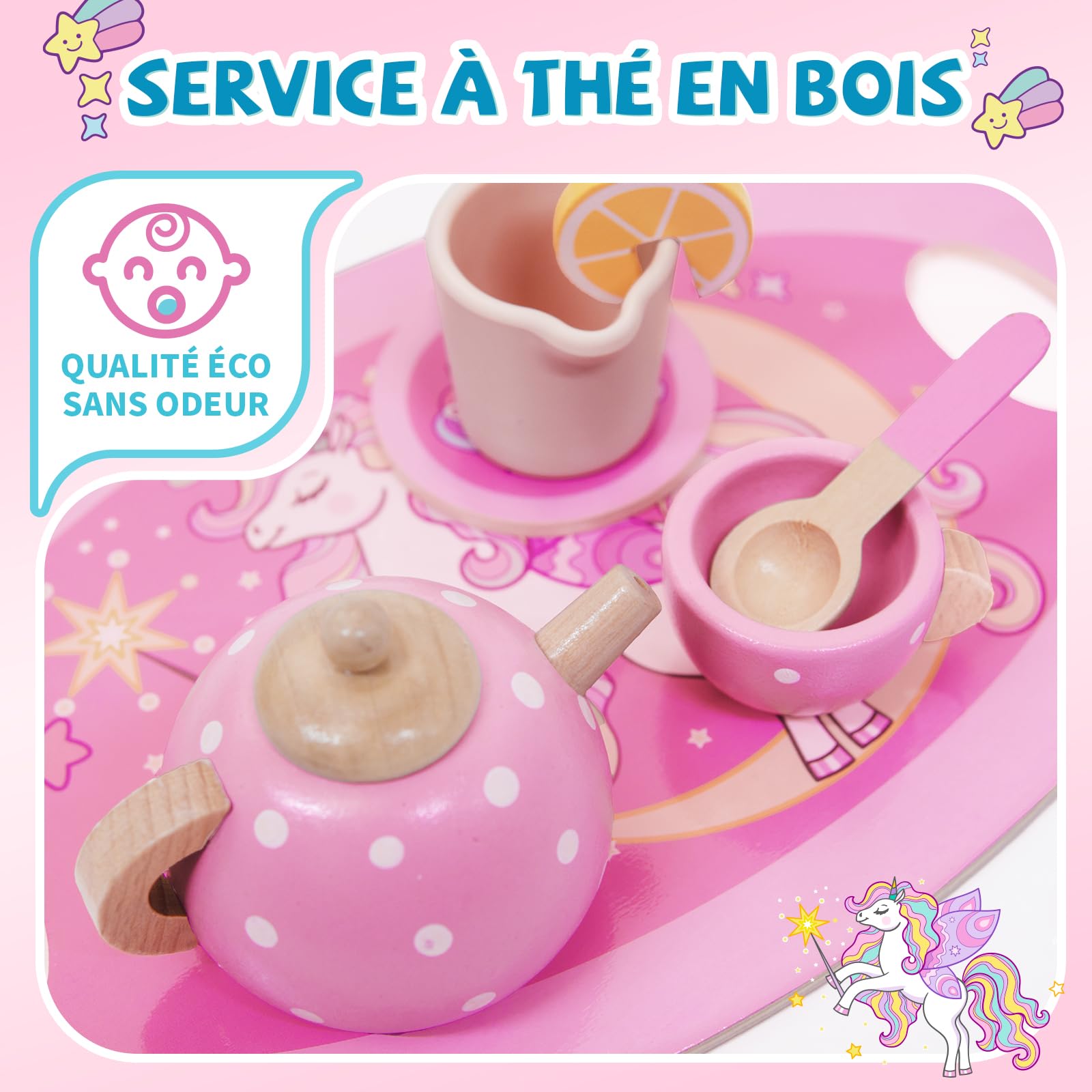 Jouet Fille 2-6 Ans,Licorne Services à Thé en Bois Montessori, Accessoire Cuisine Enfant avec Figurine Licorne et Dessert, Dinette Enfant 2-6 Ans Cadeau Anniversaire Cadeaux de Pâques pour Enfants