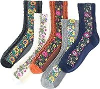 5 Pairs Women's Floral Design Vintage Crew Socks Ethnic Jacquard Knit Set, Red, Grey, Blue, White, Black