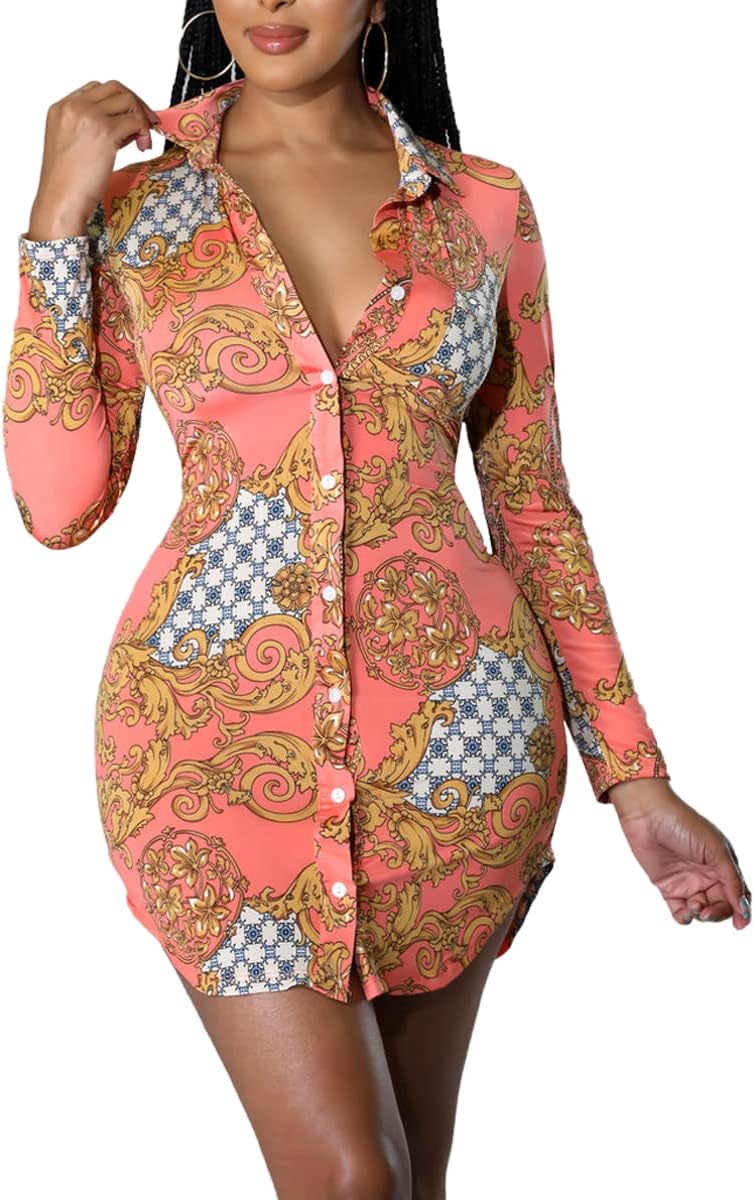 Womens Sexy V-Neck Blouses Shirt Dress Long Sleeve Floral Button Down Collar Shirts