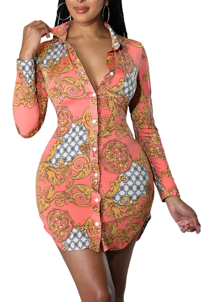 Womens Sexy V-Neck Blouses Shirt Dress Long Sleeve Floral Button Down Collar Shirts