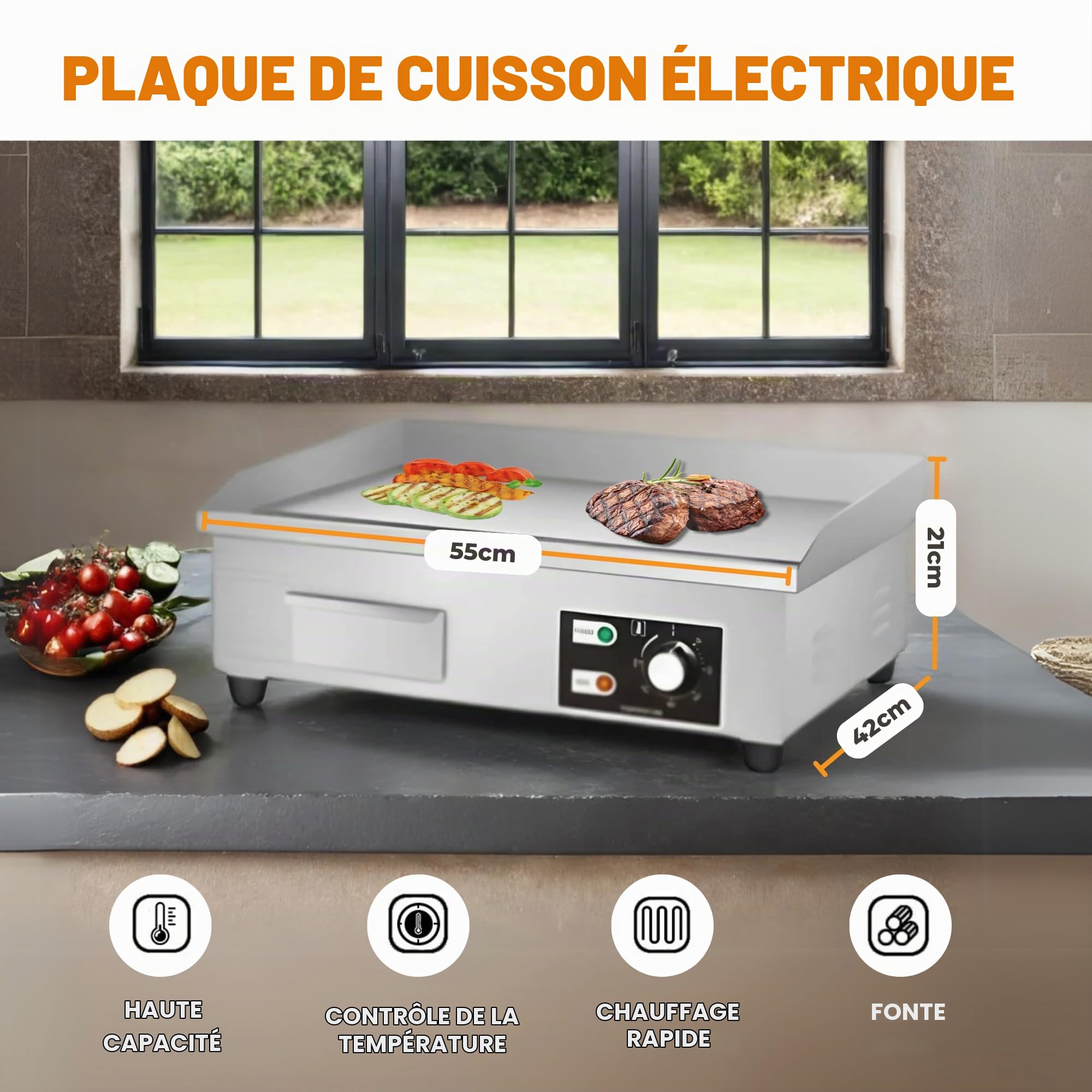 Plancha Électrique de Cuisine.Plaque de Cuisson Professionnelle 55x35cm de Acier Inoxydable.Température de 50-300ºC avec Bac Collecteur de Graisse.Pour Viande,Poisson, Légumes.3000W