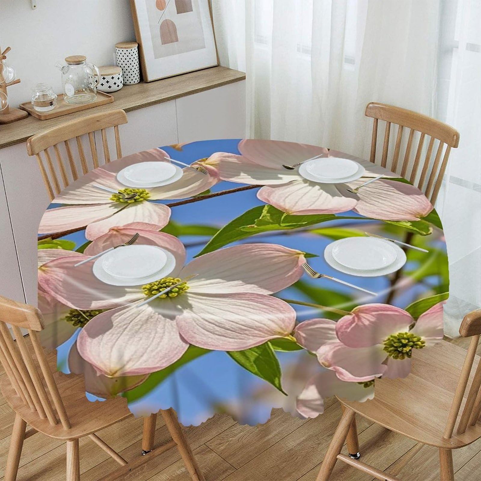 VstaDank Spring Dogwood Blossoms Round Tablecloth Wipeable Round Polyester Tablecloth Waterproof Wrinkle Free Indoor and Outdoor Table Cover 60 Inch Decorative Farmhouse Table Cloth for Dining