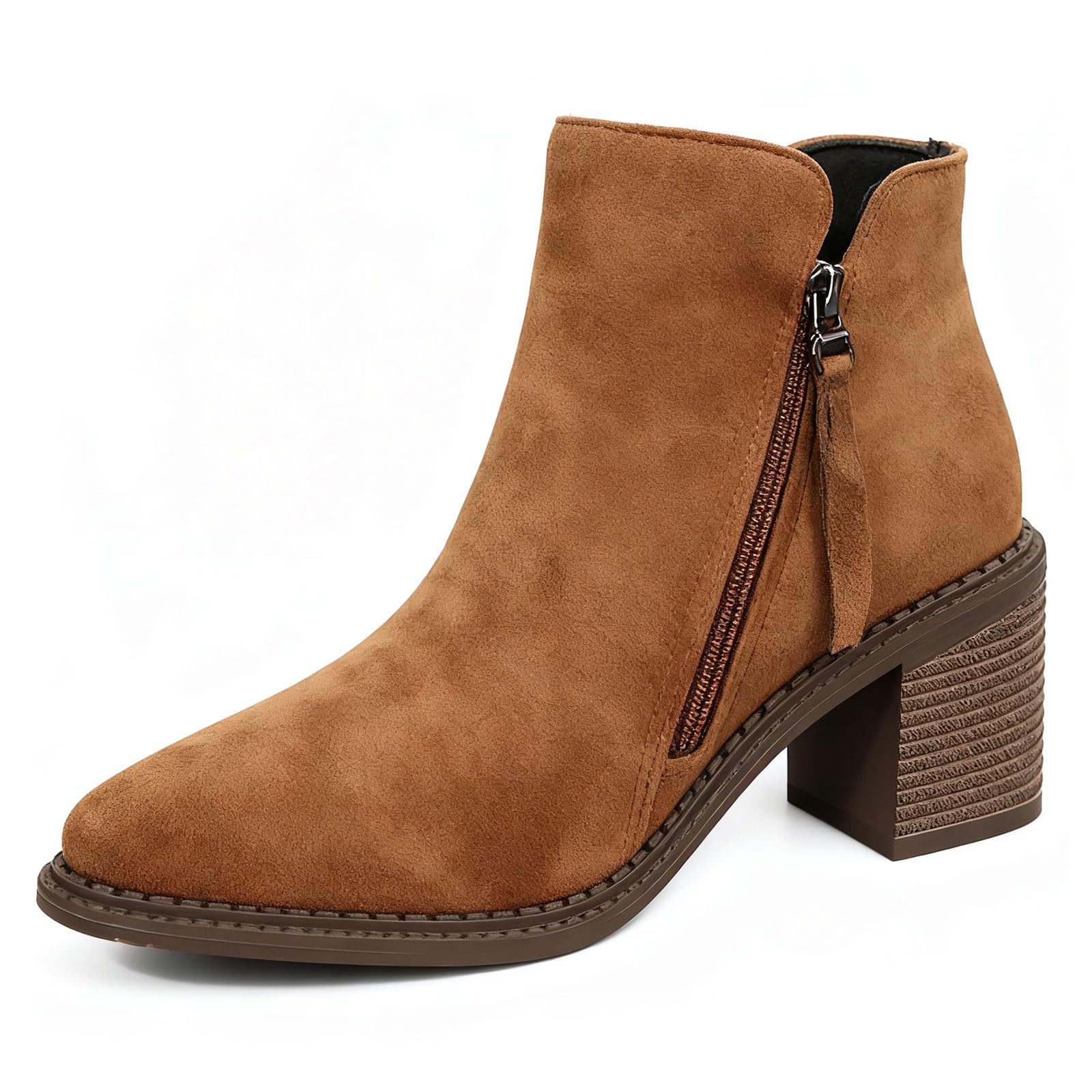 Womens Stacked Heel Suede Chelsea Ankle Boots With Side Zipper Fashion Comfortable Round Toe Block Mid Heel Slip