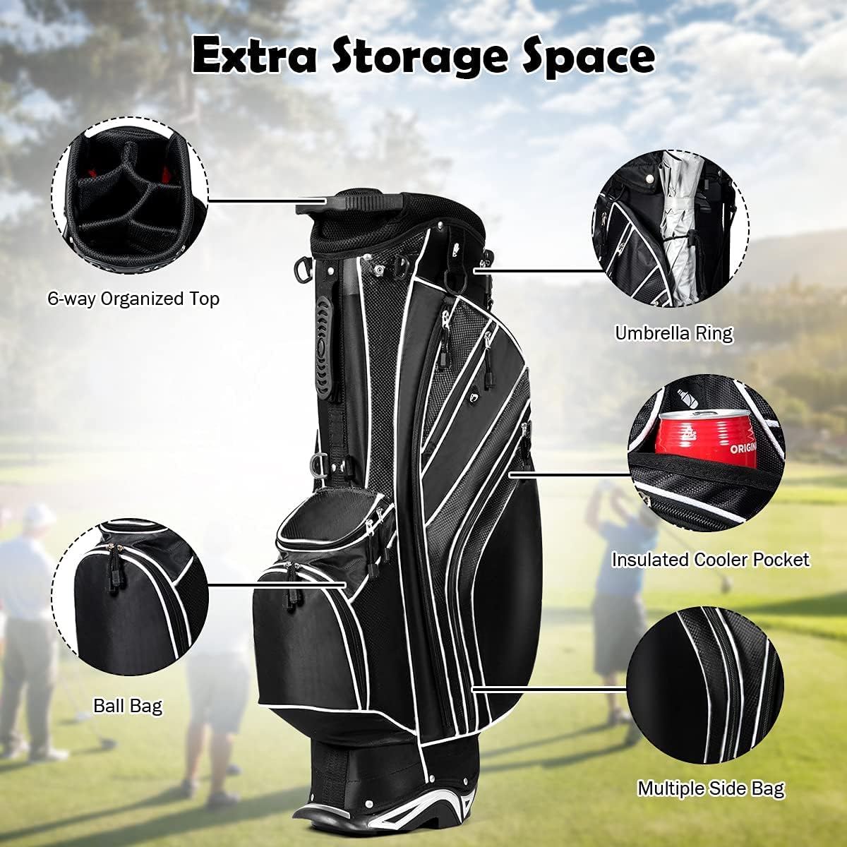 Golf Stand Bag, Golf Club Bag w/6 Large Way Top Dividers & 7 Pockets, Lightweight Golf Carry Bag w/Ergonomic Dual Straps & 2 Aluminium Pole, Lightweight Golf Bag for Men & Women