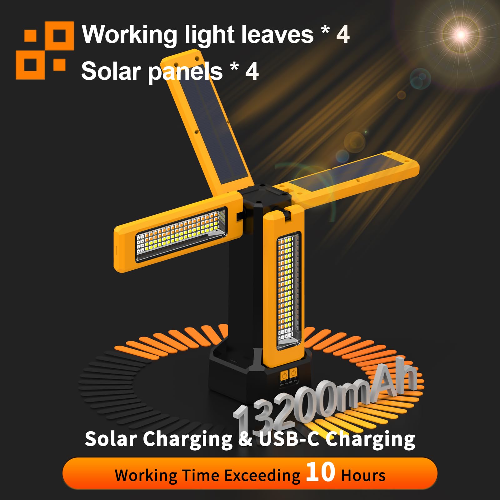 iodoo Projecteur de Chantier LED à Batterie Solaire Avec Trépied, Batterie D'une Capacité de 13200 mAh, Lampe Chantier Luminosité de 8000 Lumens (Orange avec télécommande)