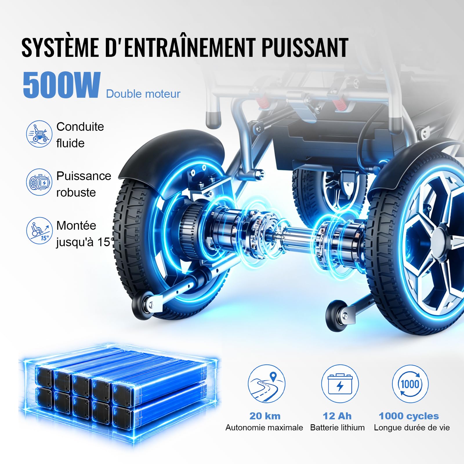 D10 Fauteuil Roulant Électrique Pliable Léger pour Adultes à Mobilité Réduite, Double Moteur,Batterie Lithium 12Ah, Autonomie Jusqu’à 25 km, Châssis Aluminium, Homologué Avion