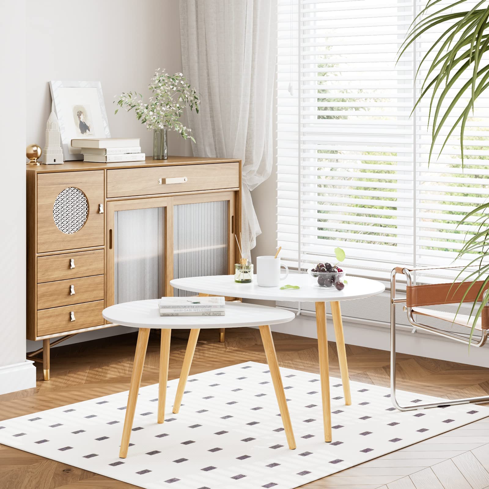 FORHILL Set 2 Tavolini da Salotto,Tavolini Sovrapponibili Stile Scandinavo,Tavolino da caffè Impilabili in Legno,Per Soggiorno,Camera da letto,studio,Bianco