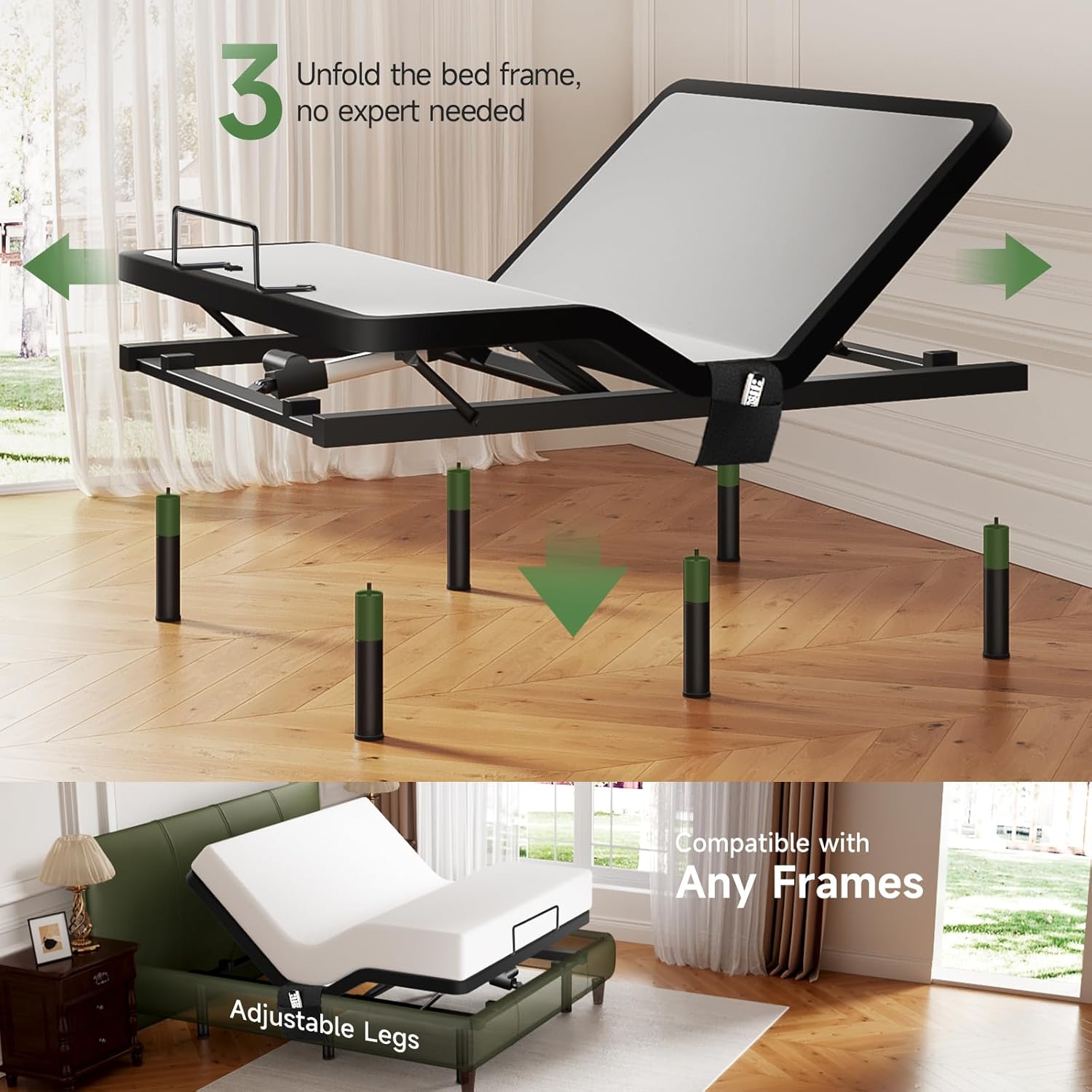 Queen Adjustable Bed Frame with Massage & Wireless Remote, Electric Beds Base with Head & Foot Incline, Zero Gravity, 4 USB Dual Ports, Nightlight, 3 Height Options, 3 Minutes Assembly