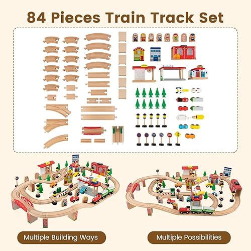 Miniatura 4 de Costzon Mesa de tren, 84 piezas, juego de mesa de actividades de madera para niños con mesa reversible y desmontable, cajón de almacenamiento,