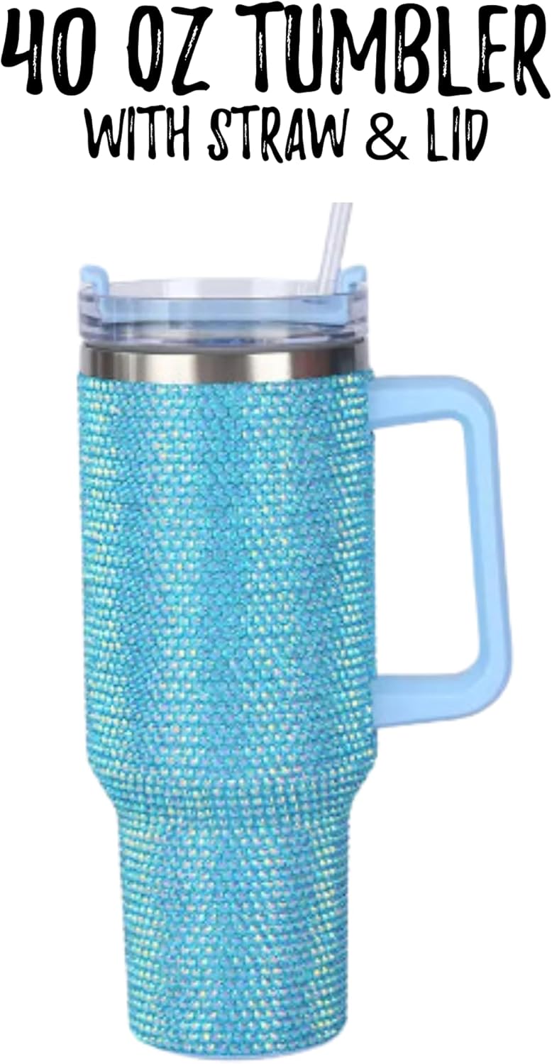 Lashicorn Blue Turquoise Rhinestone 40 oz. Tumbler with Handle and Straw Lid Bling Tall Jewel Cup Gift Light Insulated
