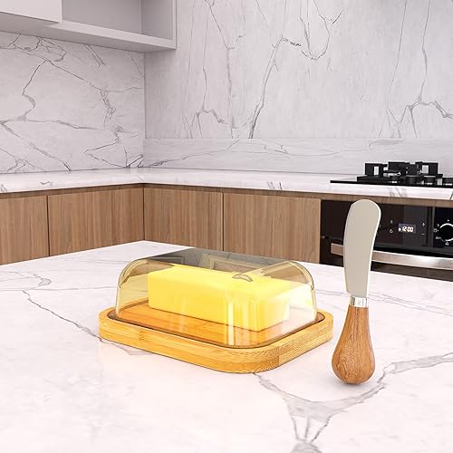Miniatura 4 de Mantequillera con tapa para frescura de encimera y refrigerador, plato de mantequilla de vidrio con plato de bambú grueso, bandeja de mantequilla,