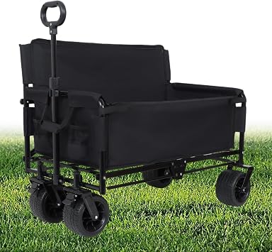 3-in-1 Convertible Folding Wagon Cart with Bench Seat & Storage - 500lbs Heavy-Duty Utility Wagon, 180L Capacity All-Terrain Wheels for Camping, Beach, Sports, Garden Black