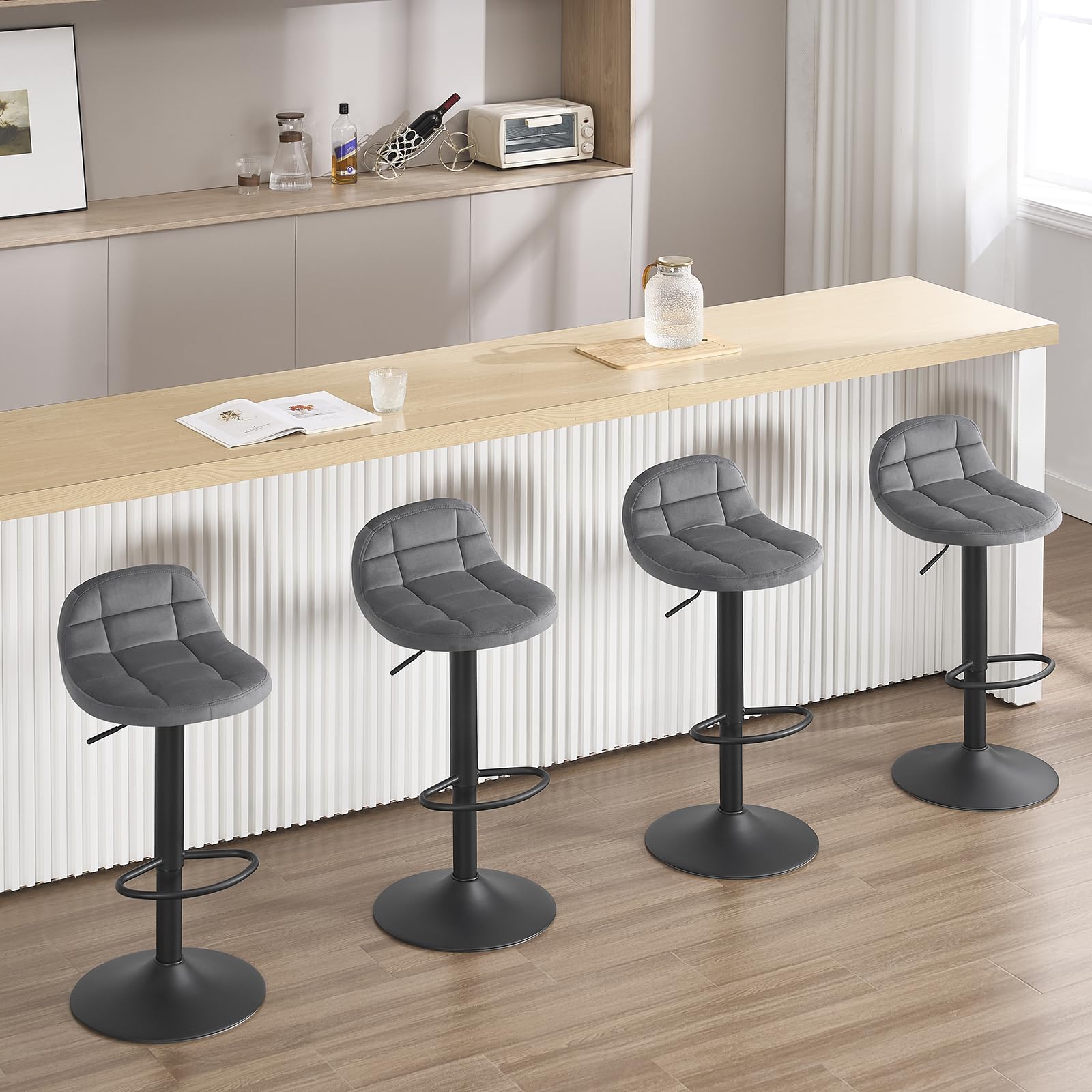 WOLTU Barhocker 2er Set, mit Rückenlehne, Samt, Dunkelgrau | Barstuhl mit Fußstütze, höhenverstellbar (60-82cm), 360° Drehstuhl, für Küche, Bar Metall