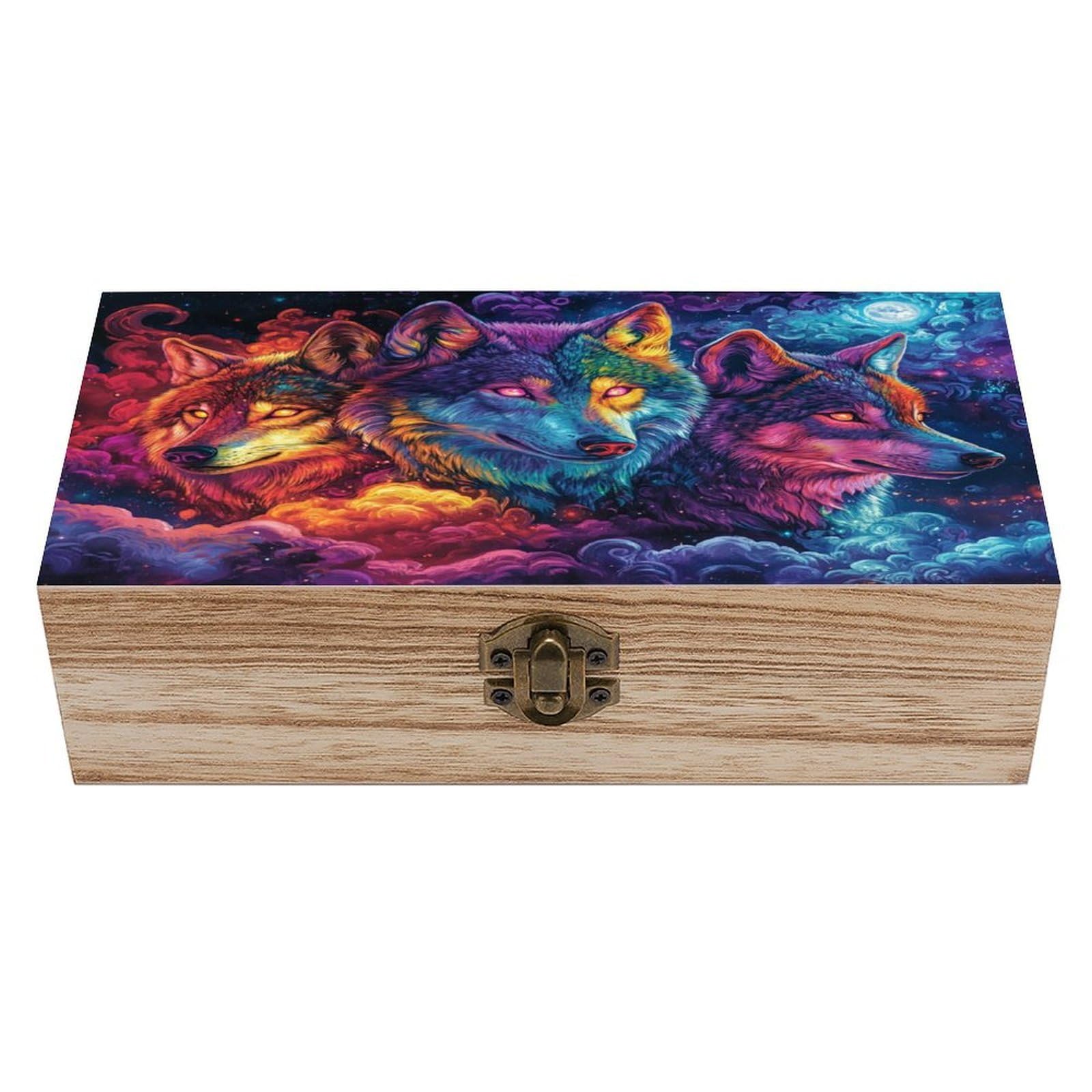 Jubonexis 3 Magical Wolves Neon Colors Wooden Storage Box with Hinged Lid And Front Clasp Large Keepsake Box