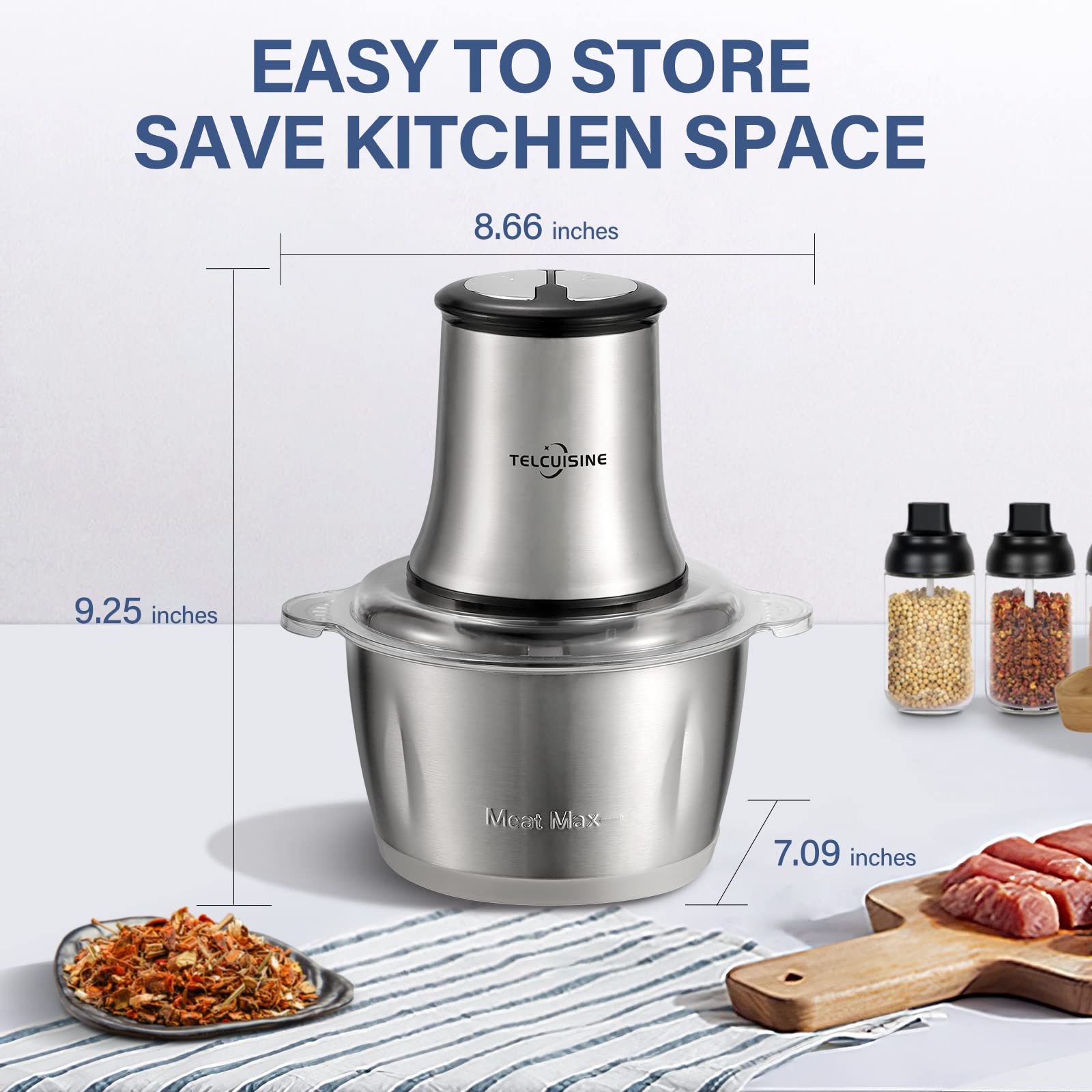 Electric Meat Grinder, Telcuisine 8 Cup Food Chopper Stainless Steel 2L Food Processors Meat Blender for Meat, Vegetables, Fruits and Nuts with 4 Sharp Blades, 300W