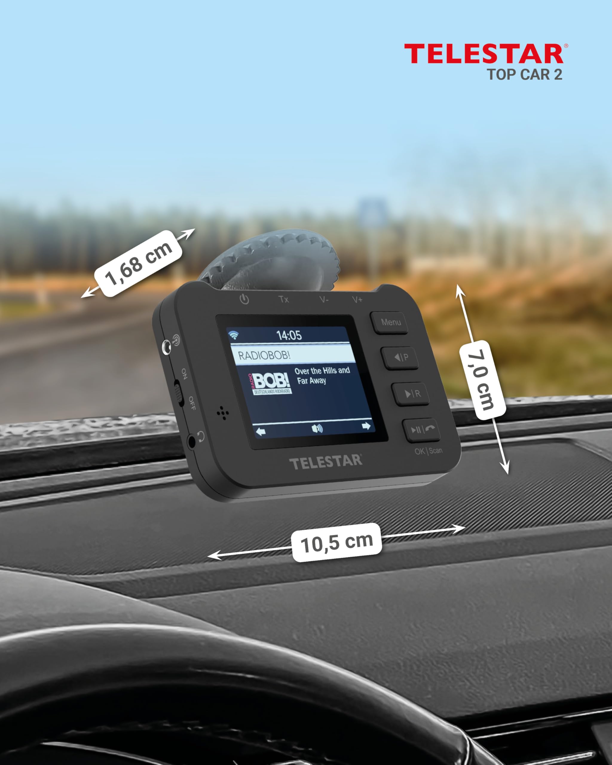 TELESTAR TOP CAR 2 – DAB+ Adapter für Autoradios, Akku – Schwarz | FM-Transmitter, Line-Out-Anschluss, Farbdisplay, Bluetooth Audio Streaming, Freisprecheinrichtung, microSD
