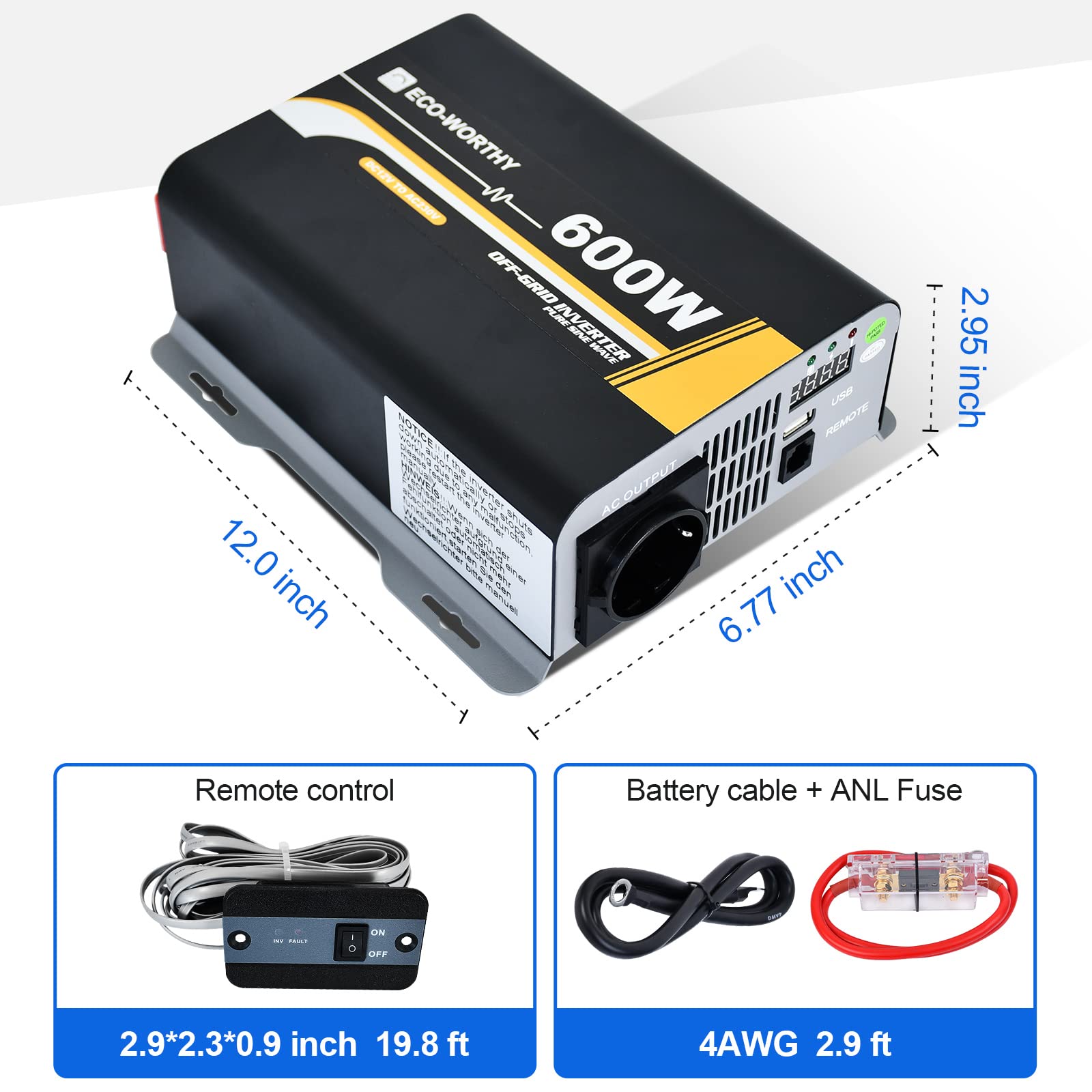 ECO-WORTHY 600 W 12 V-230 V AC Off-Grid Solar Inversor de onda sinusoidal DC con mando a distancia y fusible & para coche, autocaravana, camping vehículo y sistemas solares