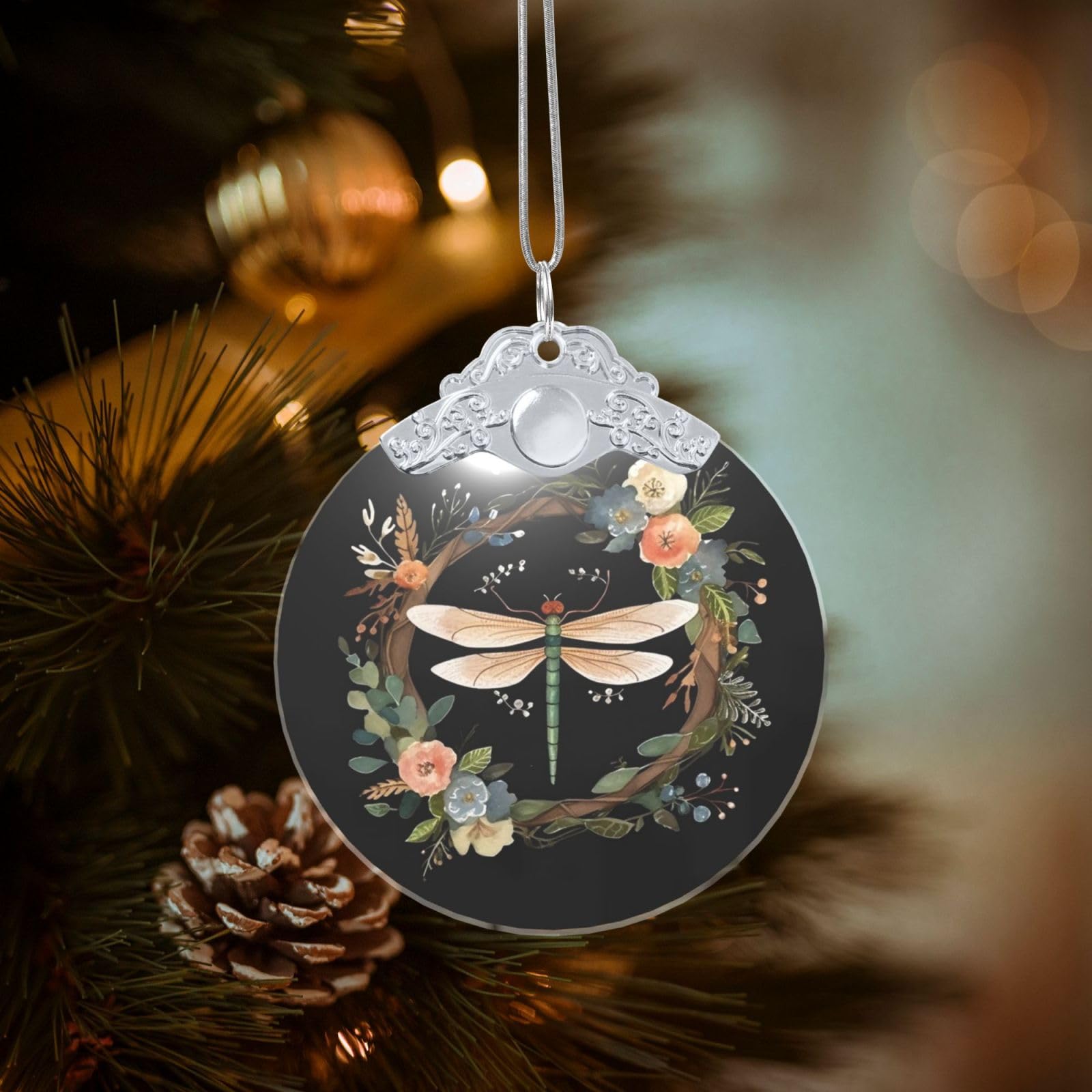 Image of Dragonfly in Wreath Christmas Ornament 2025, Round Glass Xmas Hanging Pendant for Xmas Tree Decoration,Cute Holiday Hanging Decorations Keepsake for New Year Family Party Wedding Decor