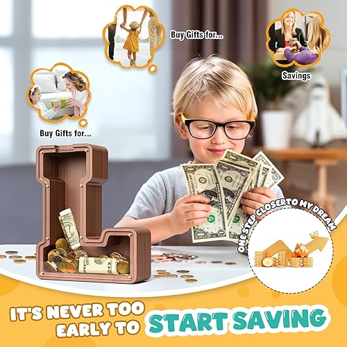 Miniatura 74 de SummiDate Alcancía de madera con nombre, niños y niñas, tamaño grande, letras alfabeto A-Z, monedas y billetes, inicial en cubierta transparente