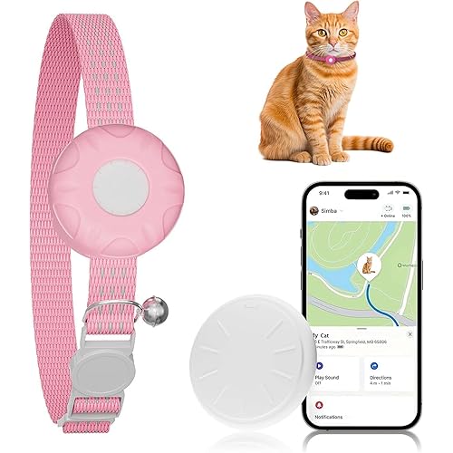 Cat Tracker, MINI GPS Tracker, Compatible with Apple Find My App(Only iOS), Waterproof Cat Trackers Collar with Bell and Safety Elastic Buckle, No Monthly Fee,Pink