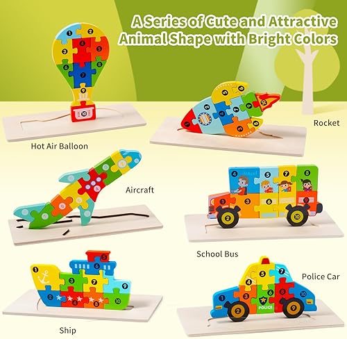 Miniatura 2 de Paquete de 6 rompecabezas de madera para niños de 2 a 4 años, juguetes Montessori para bebés de 2 a 4 años, vehículos de transporte de aprendizaje
