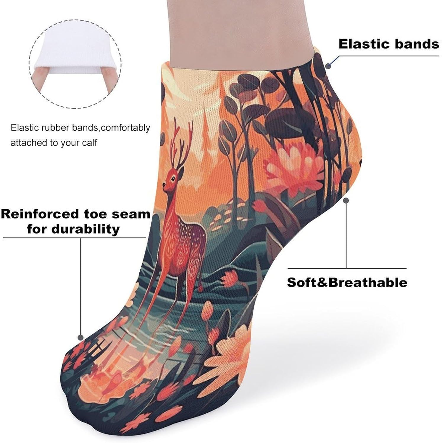 Deer And Flowers Ankle Sock,Cushioned Crew Socks Low Cut Compression Running Sock with Ankle Support for Men Women(5 Pairs)
