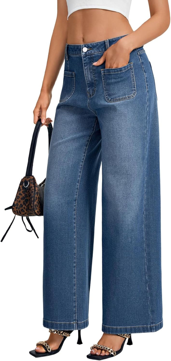 LYANER Women's Wide Leg Jeans High Waist Button Down Straight Denim Pants Stretchy Baggy Jean