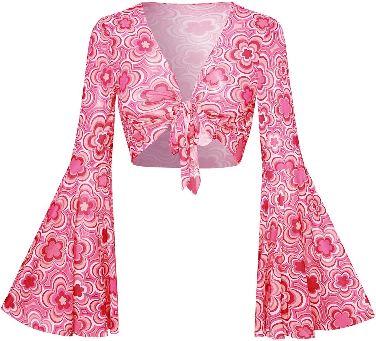 Verdusa Women's Bell Sleeve Crop Top Tie Front Long Sleeve Blouse Sheer Mesh Top