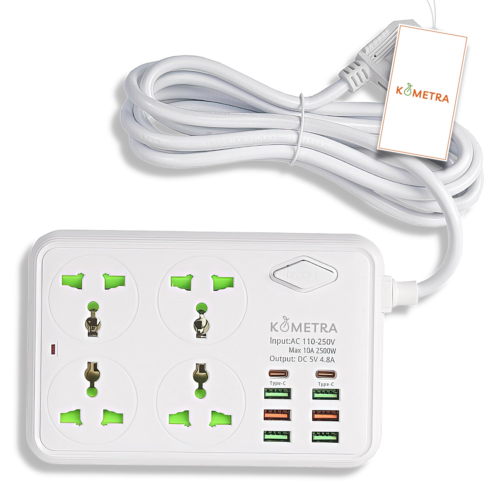 KOMETRA Multipurpose Travel Power Strip, 6.56Ft(2 meters) Extension Cord w/ 8-USB Ports & 4 AC-Outlet,Fast charger, Automatic Surge Protector, Wide Spaced Multi Outlets Plugs,UAE PLUG,Sockets (White)
