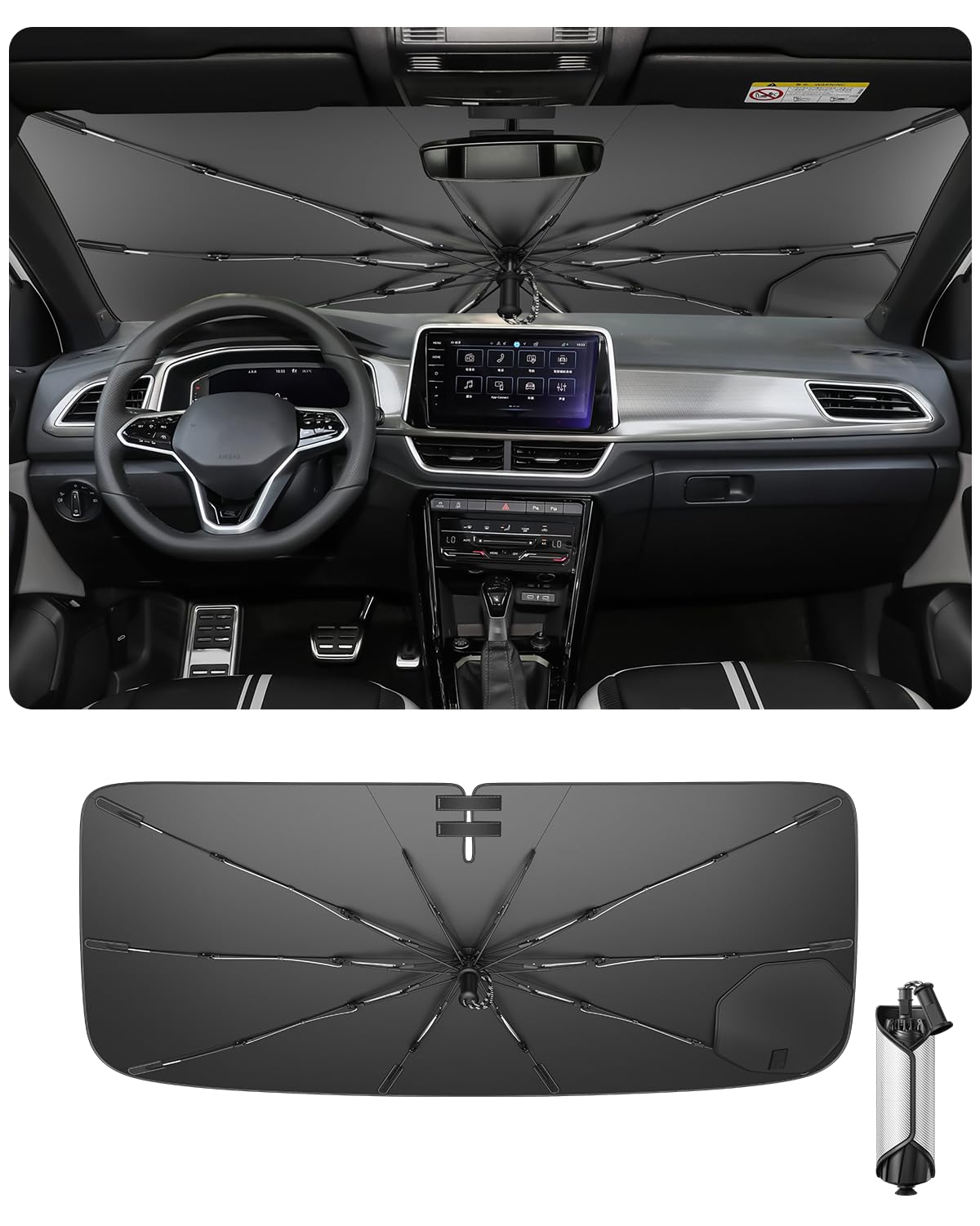 Ruiya 2026 Upgrade Parasol Coche Delantero Compatible con VW T-Roc 2018-2025, Paraguas Plegable Aislamiento Térmico, Protección UV, Accesorios para Parabrisas