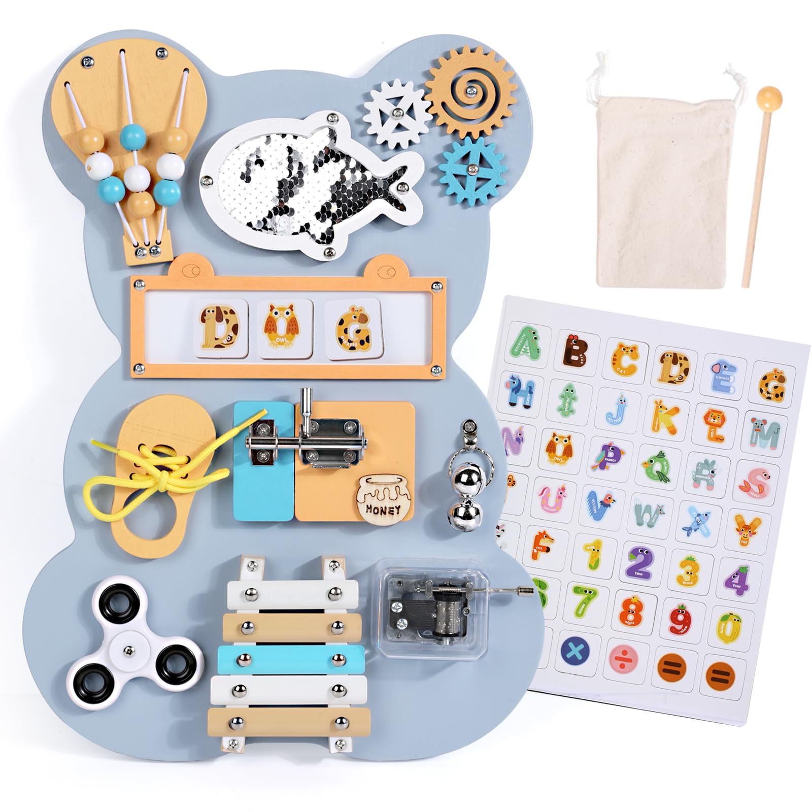 Tablero sensorial de madera Dinhon Montessori para actividades de motricidad fina, ideal como regalo para niños y niñas de 3, 4 y 5 años.