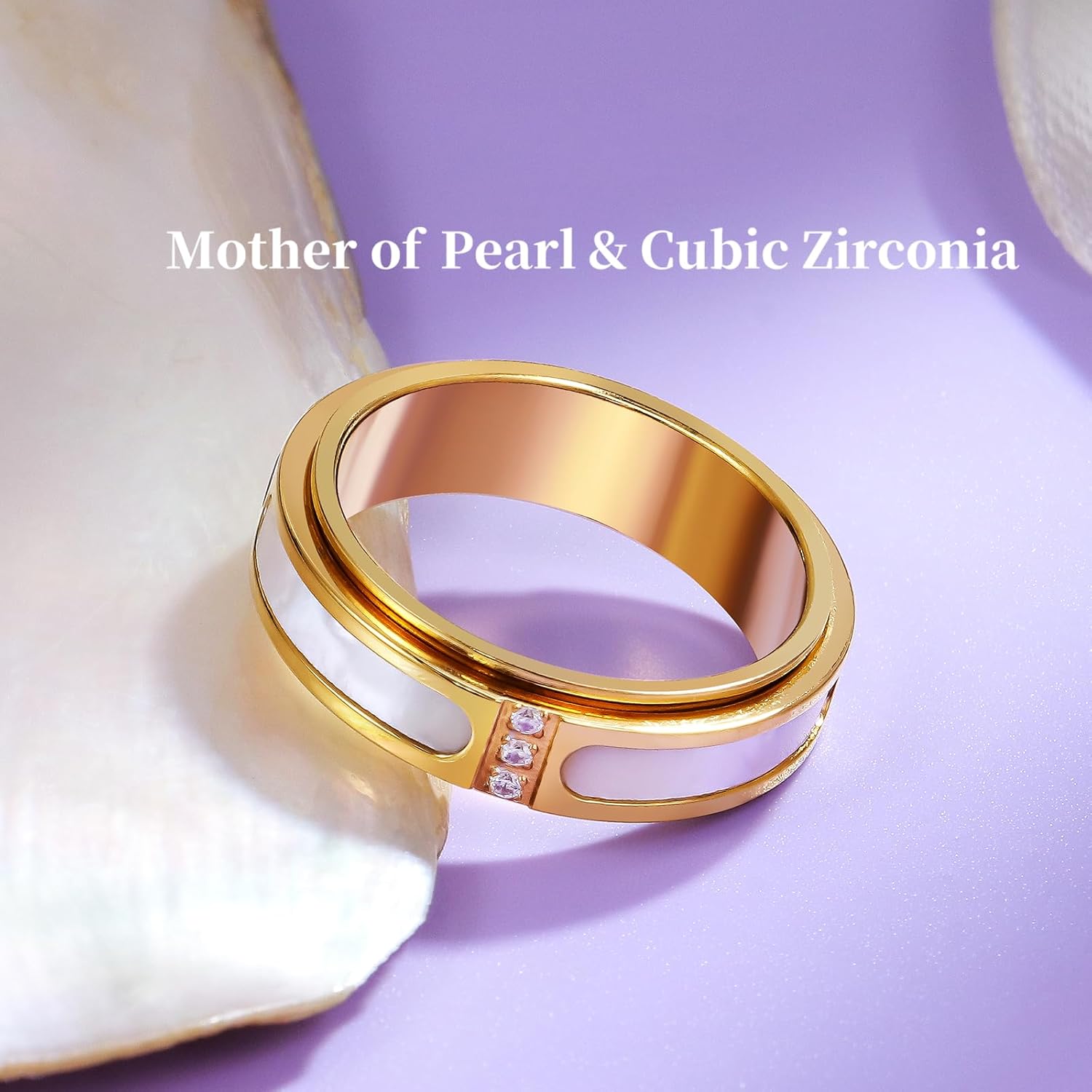 Fidget Spinner Ring for Women:18K Gold Plated Stainless Steel with Mother of Pearl Shell & Cubic Zirconia, Anxiety Relief Spinning Jewelry Gift for Birthday Wedding Engagement Anniversary - Image 5
