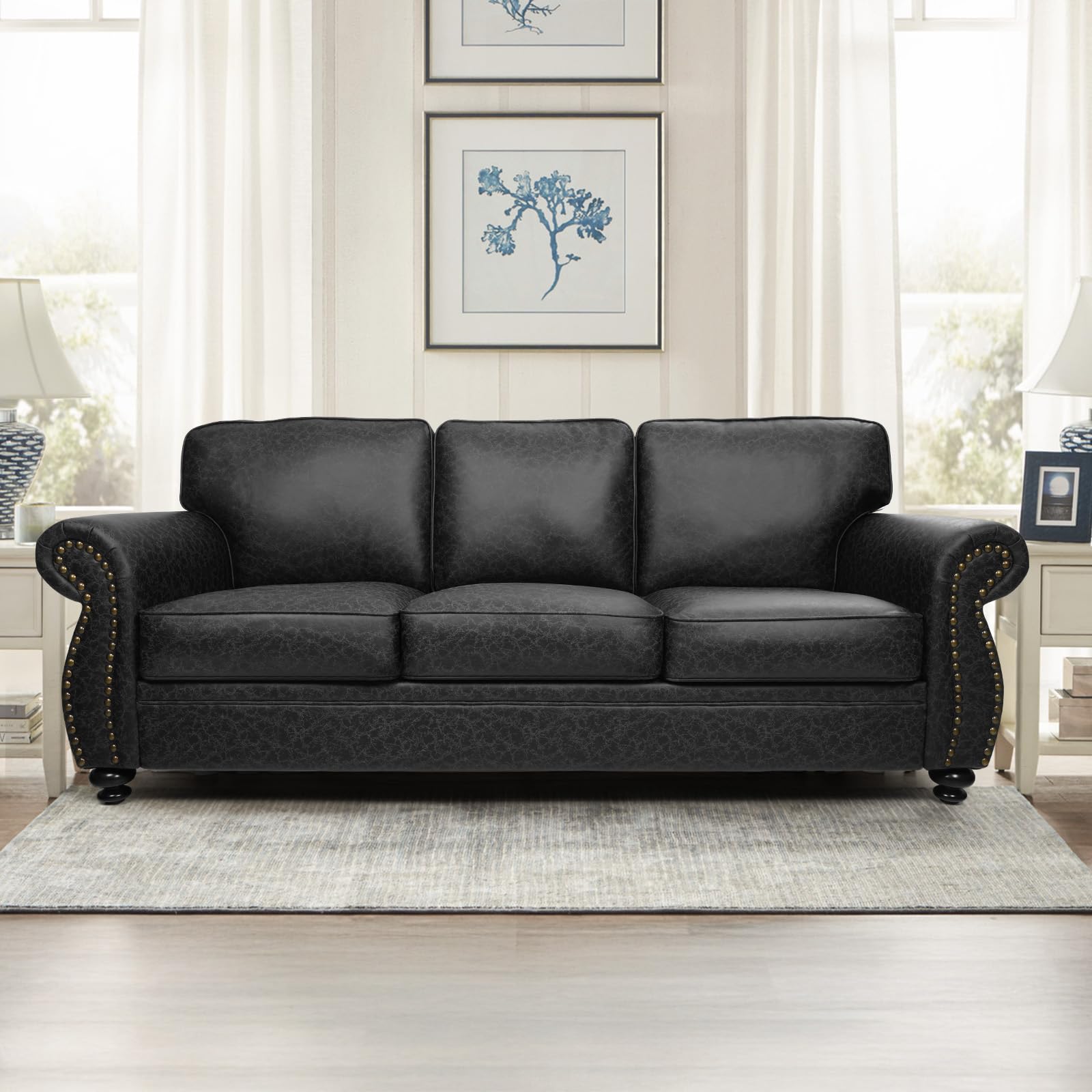 Mid-Century Vintage Sofa Couches with Rivet Design 3-Seater Sofa Removable Sofa Cover Upholstered Cushions and Solid Wood Frame