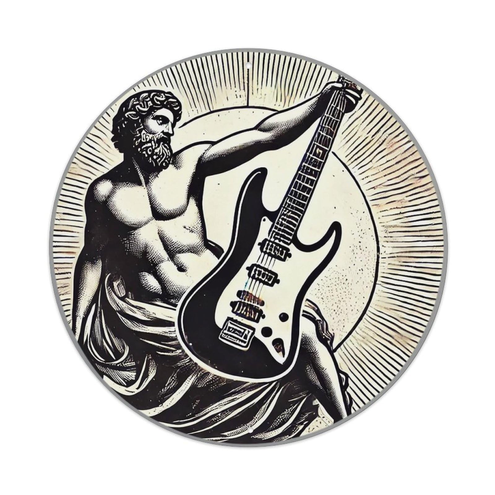 Greek God With Electric Guitar Vintage Round Tin Sign Retro Metal Wall Decor Metal Poster, Home Bar Garage Cafe Wall Art Decoration 8x8Inches