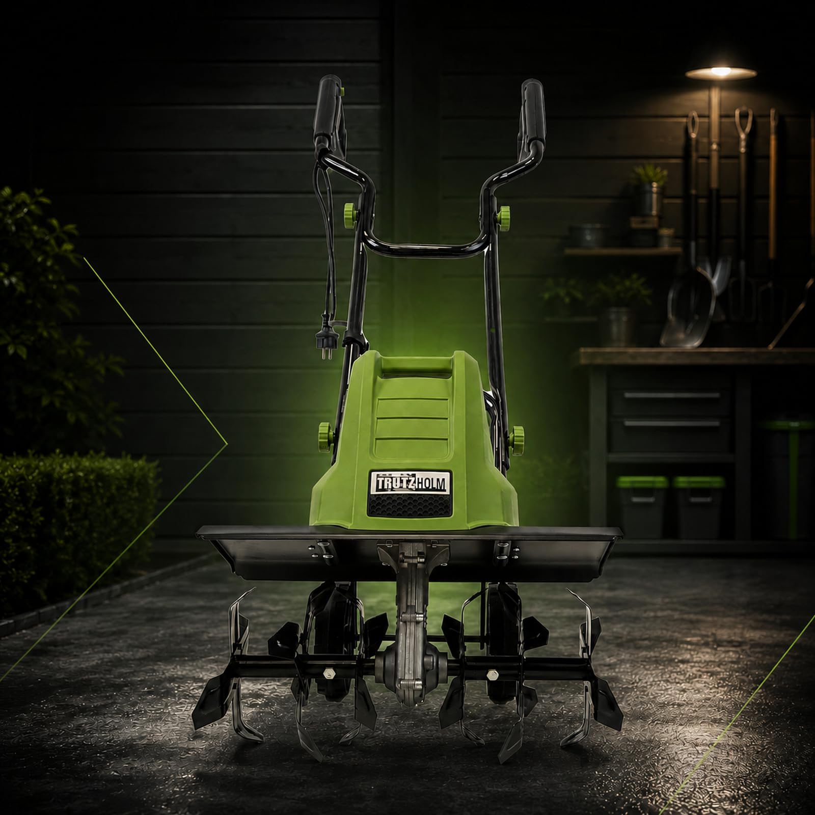 TRUTZHOLM Elektro-Bodenhacke 24 Stahlmesser 45cm breit 22 cm tief 1500W Netzbetrieb Transporträder klappbar Gartenfräse zur Bodenbearbeitung