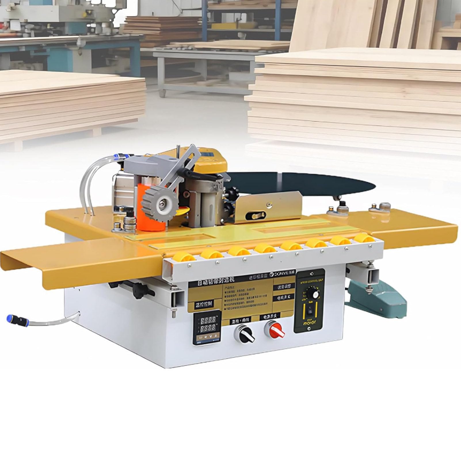 Enchapadora de cantos para cantos rectos y curvos en montaje de paneles de madera