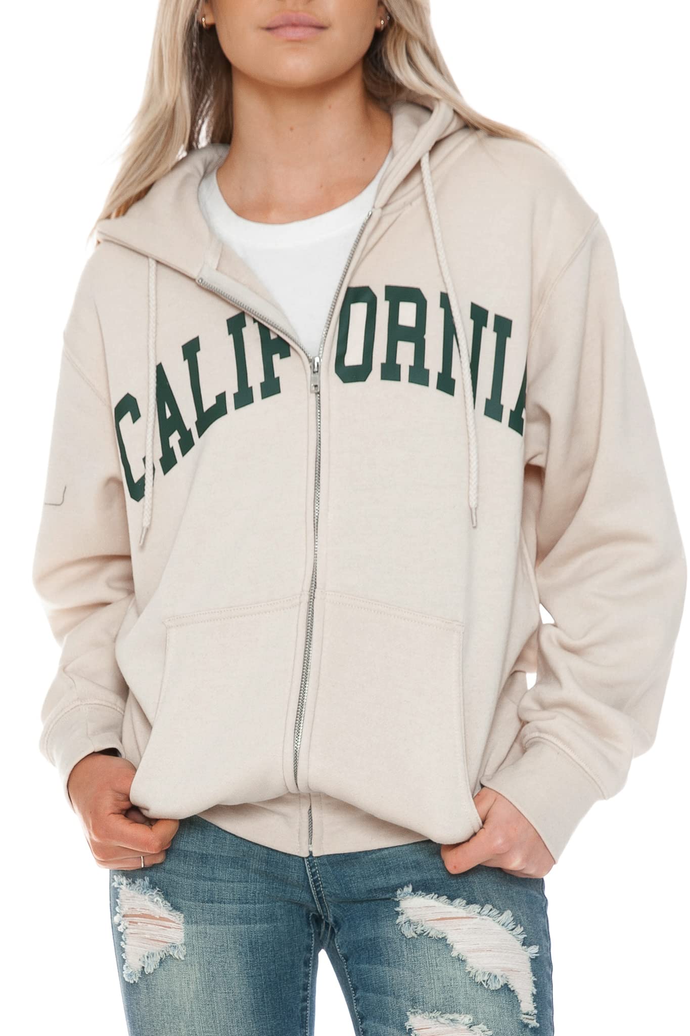 Urban LookWomens California and Los Angeles Drawstring Fleece Zip Up Hoodies