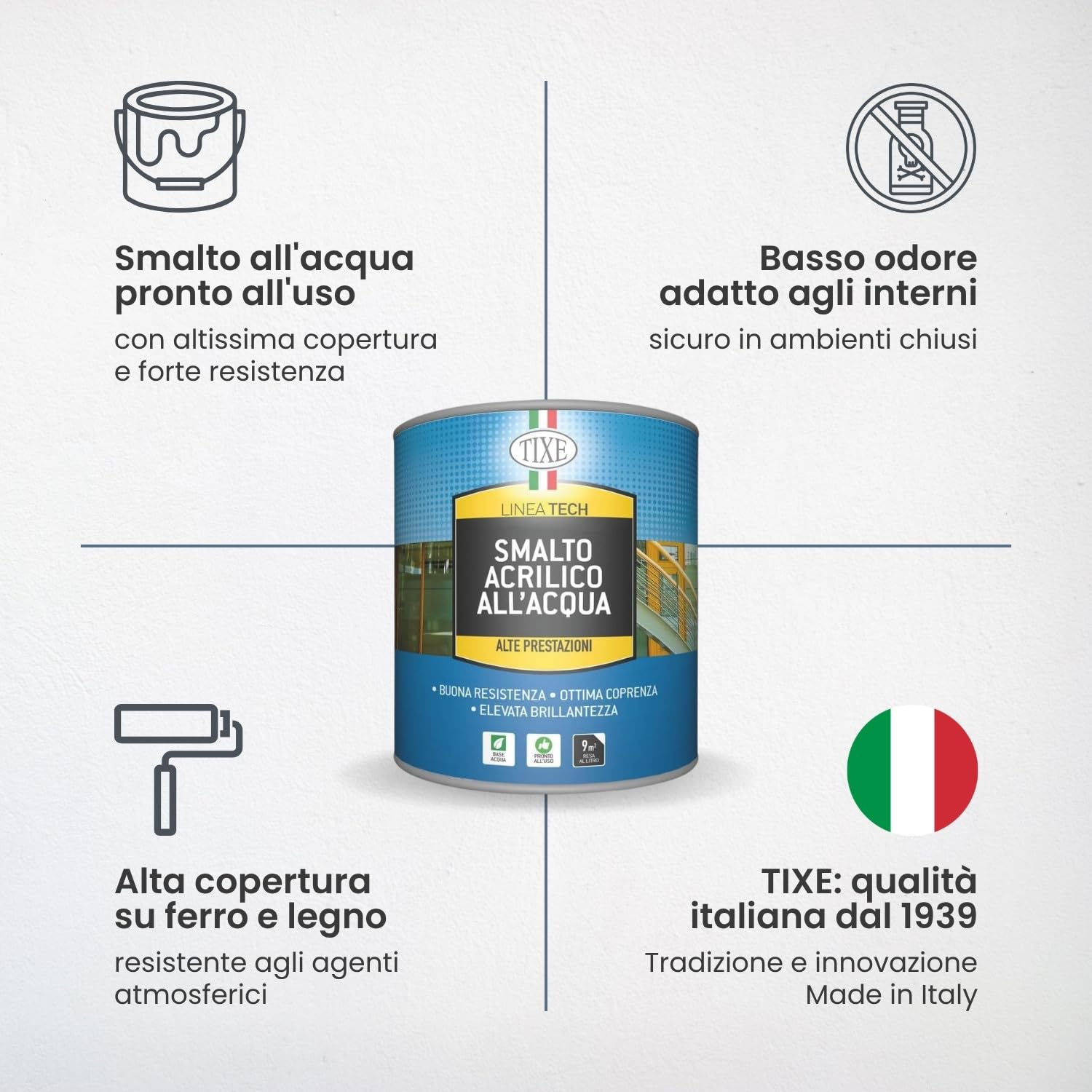 TIXE Smalto all'Acqua per Legno e Ferro TIXETECH | Bianco Opaco 2.5Lt | Smalto all'Acqua Finitura Resistente per Legno e Ferro ad Alta Copertura | Made in Italy