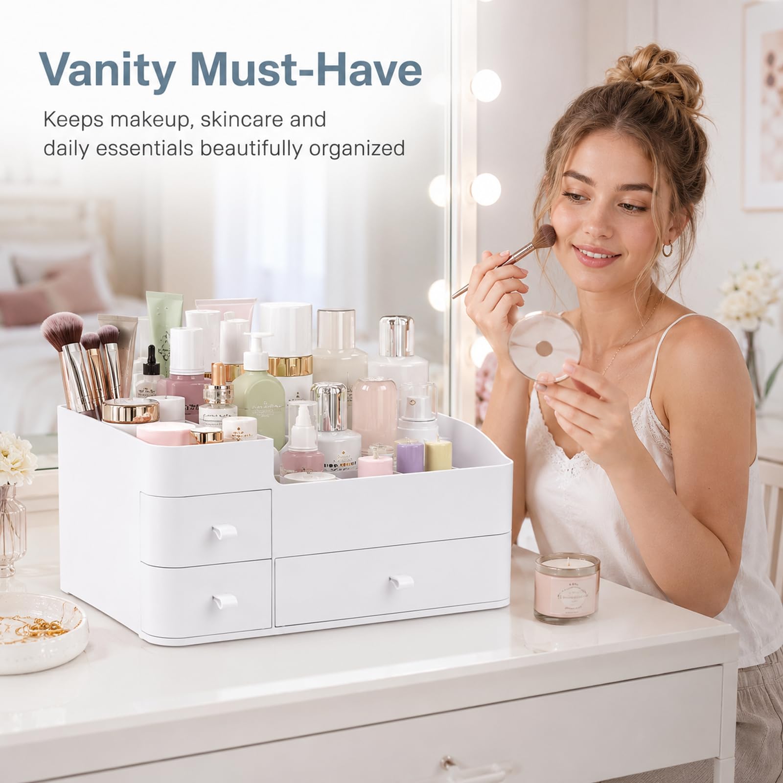 Organizador de maquillaje con cajones, organizador de baño de gran capacidad para encimera, tocador o dormitorio, ideal para cosméticos, perfumes, brochas, sombras, pintalabios y esmaltes