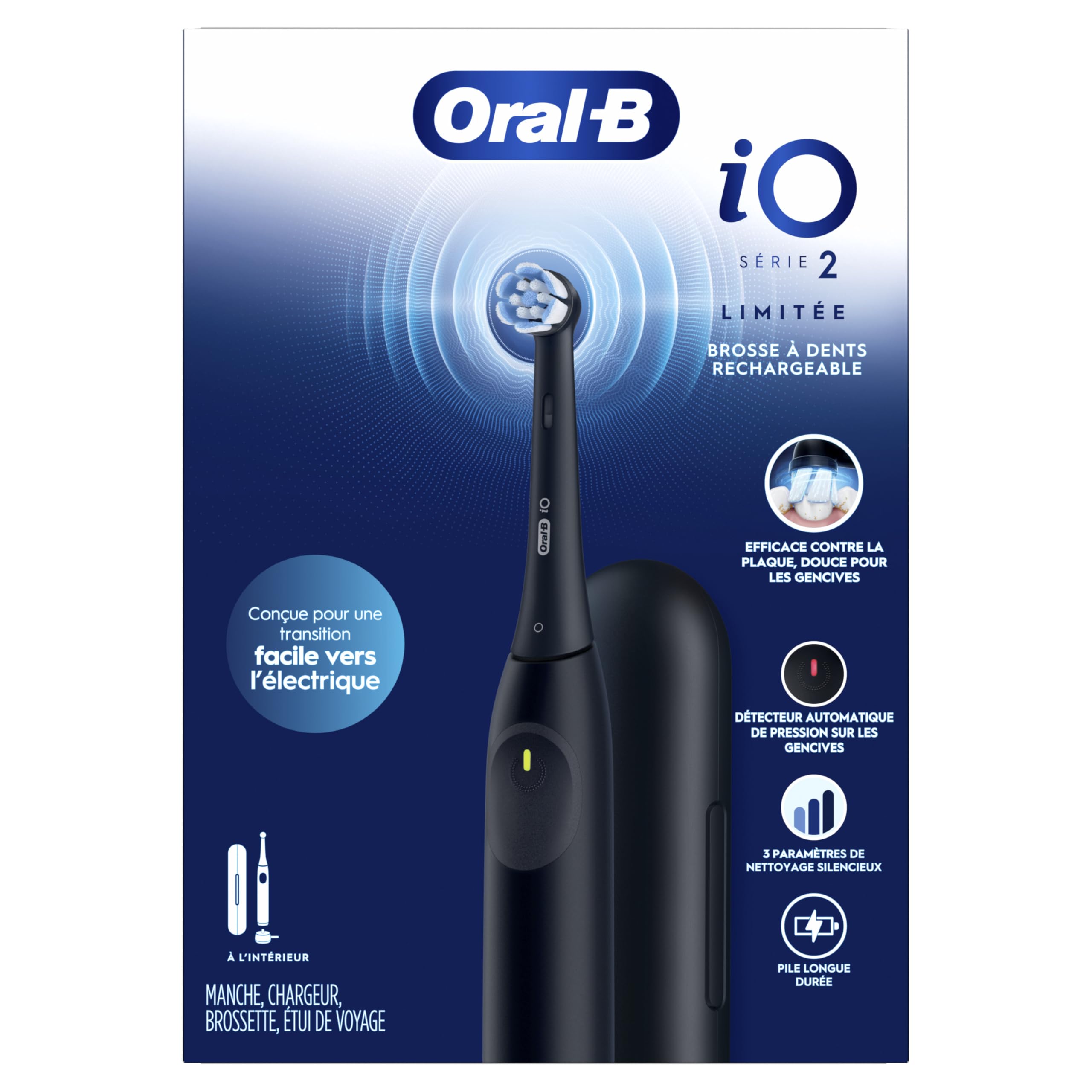 Oral-B iO Simple Clean Rechargeable Electric Powered Toothbrush, Night Black with 1 Gentle Care Brush Head and 1 Black Travel Case - Automatic Pressure Sensor to Protect Gums - 3 Modes - 2 Min Timer
