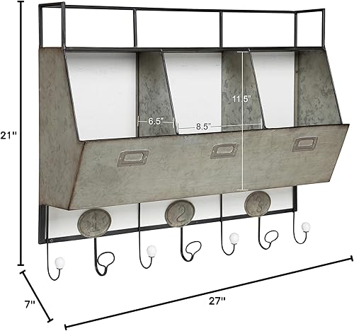 Miniatura 3 de Kate and Laurel Arnica - Bolsillos de almacenamiento de pared de metal y madera blanca antigua con ganchos