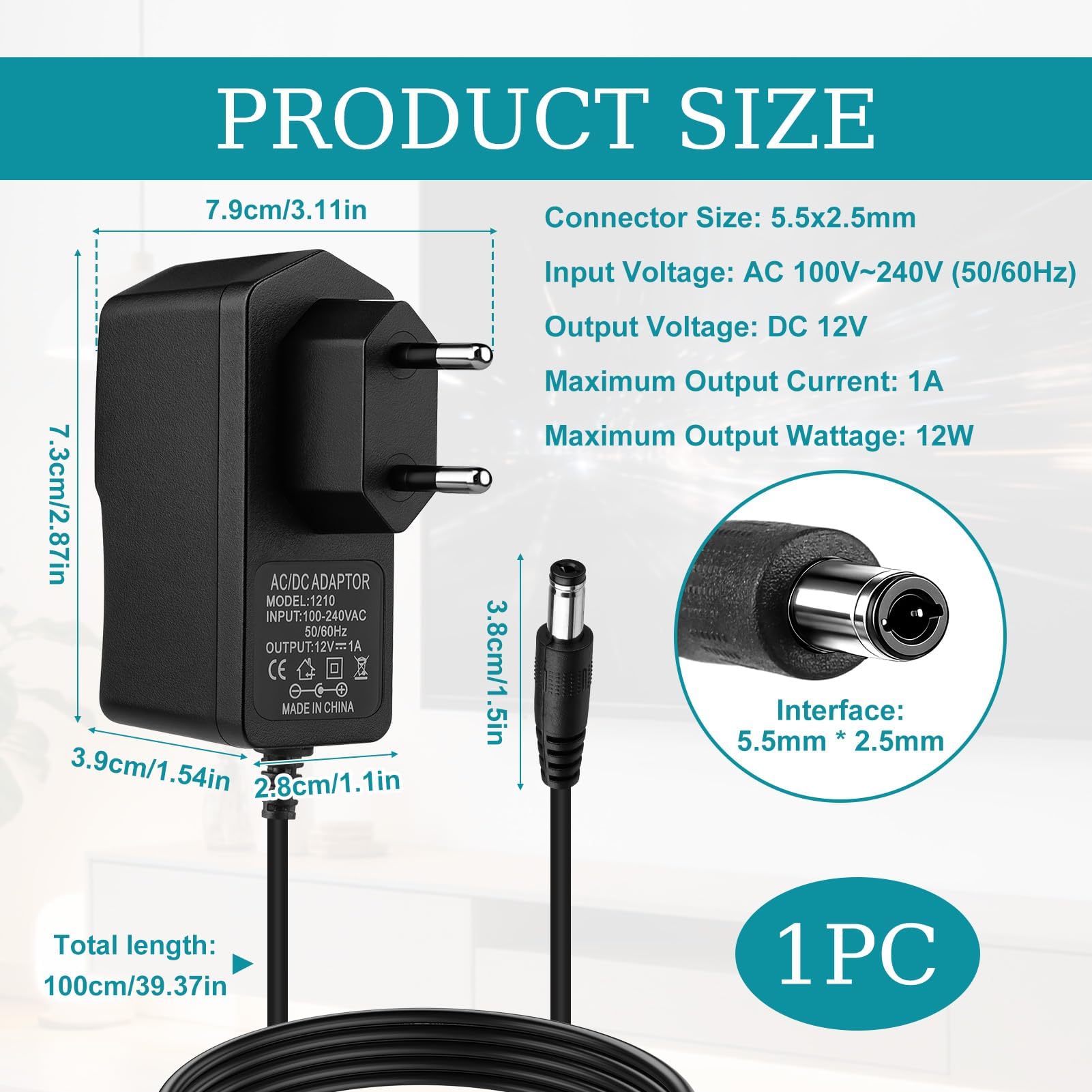 Adaptador De Corriente 12V 1A Con Conector 5,5x2,1 Mm – Cargador AC A DC Para Router, Cámara CCTV Y LED – Protección Contra Sobrecargas Y Cortocircuitos – Cable De 1,2 M
