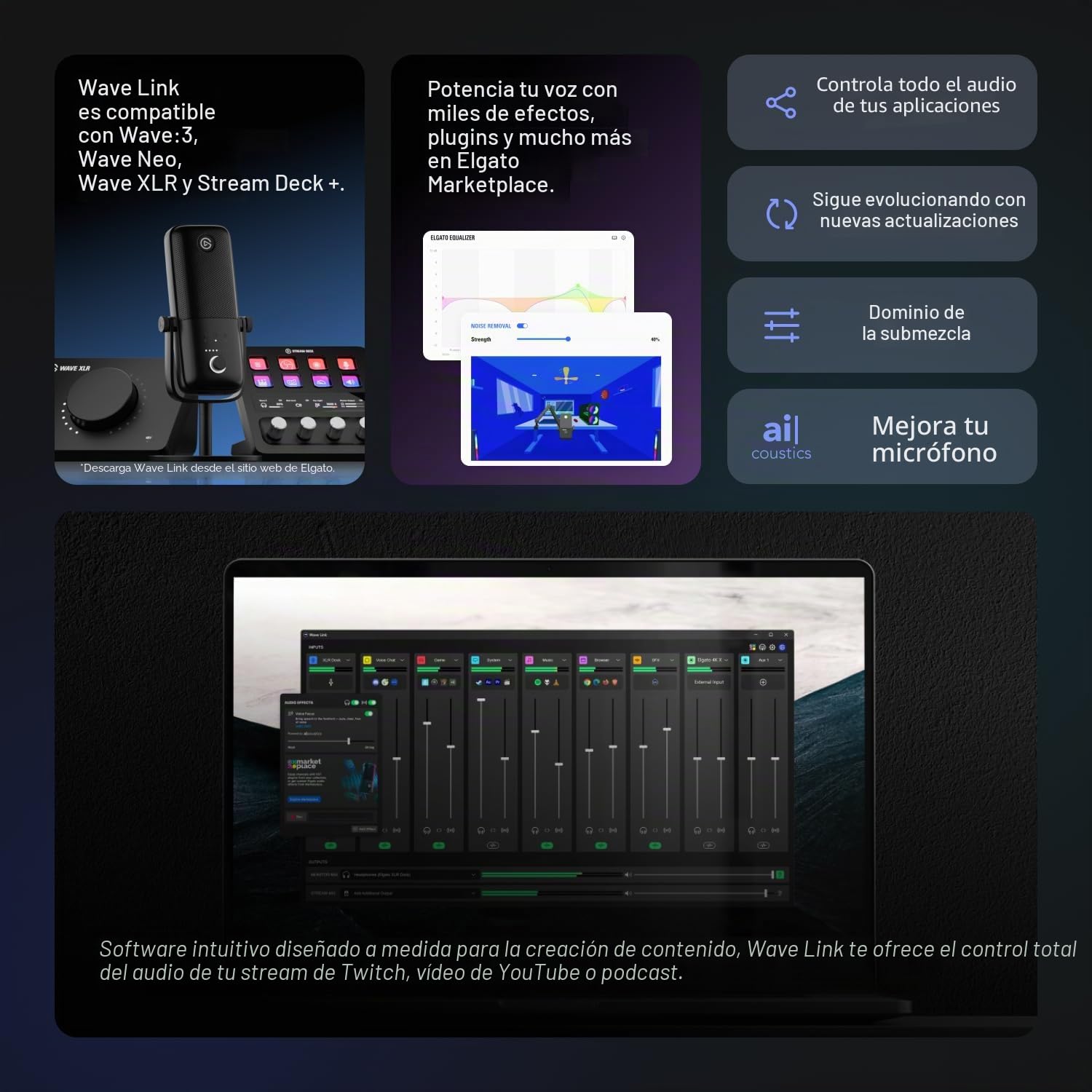 Elgato Wave:3 - Micrófono Condensador USB Profesional prémium para Streaming, podcasts, Juegos, Oficina en casa, Software Mezclador Gratis, plugins de Efectos, antidistorsión, Plug n Play, Mac, PC