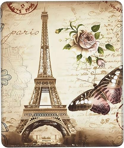 Alfombrilla de mouse vintage de París con diseño de mariposa y torre Eiffel, impermeable, antideslizante, base de goma, alfombrilla para mouse para