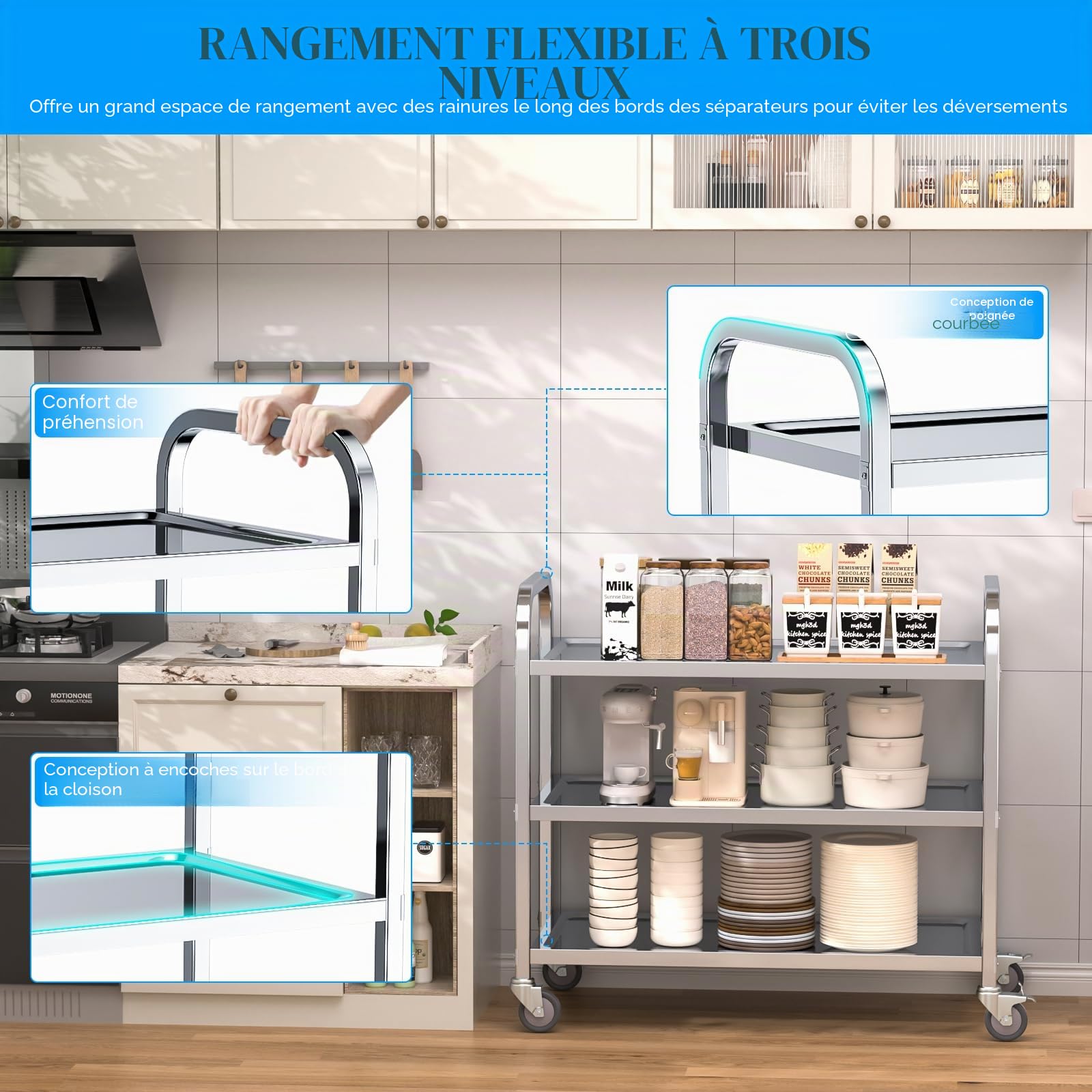VELPAX Chariot de Service desserte de Cuisine à roulettes 3 étagères 95x50x95 cm Desserte, Déplacement Silencieux pour Rangement Clinique Cuisine Hôtel Salon de Beauté