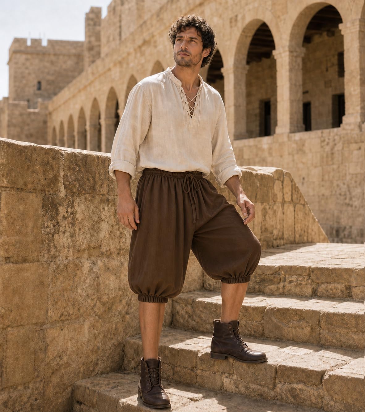 UQJE Mens Medieval Harem Shorts Faux Linen Pirate Knickers